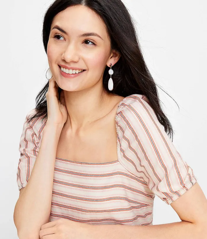 LOFT Striped Square Neck Puff Sleeve Dress Whisper White Women Swing Dresses