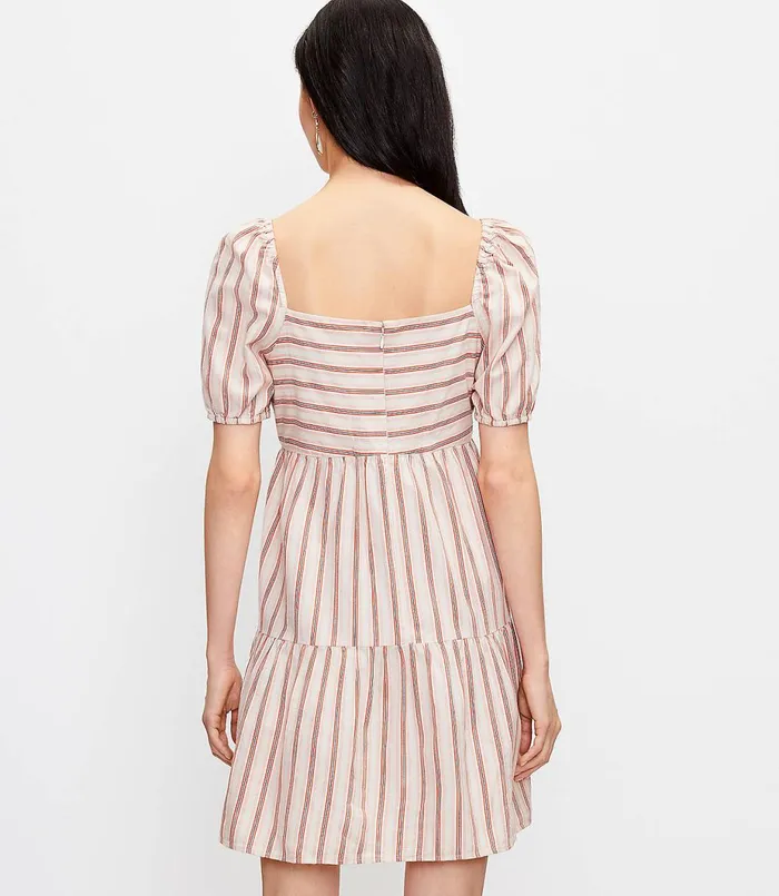 LOFT Striped Square Neck Puff Sleeve Dress Whisper White Women Swing Dresses