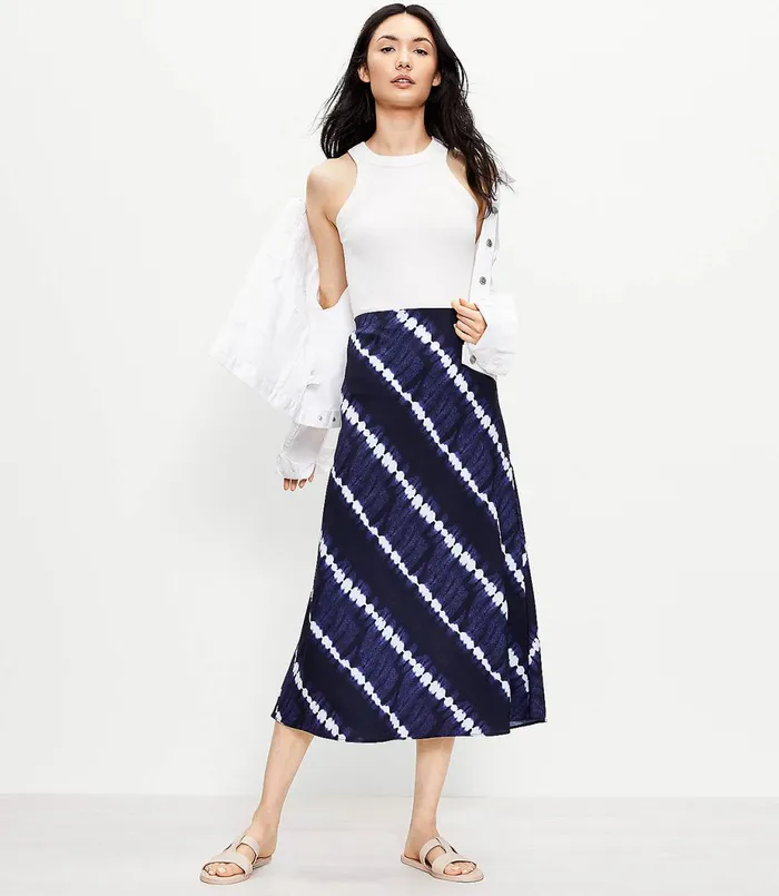 LOFT Tie Dye Striped Midi Skirt Forever Navy Women Skirts