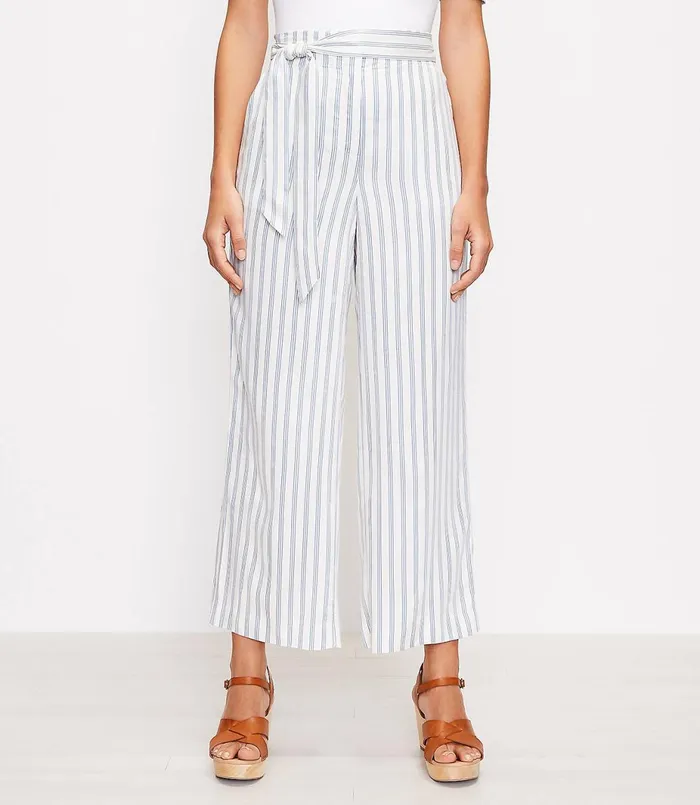 LOFT Tie Waist Pull On Wide Leg Pants In Stripe Blue Multi Women Pants