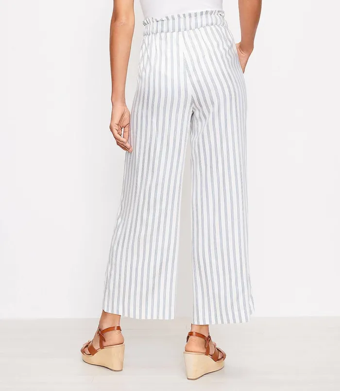 LOFT Tie Waist Pull On Wide Leg Pants In Stripe Blue Multi Women Pants
