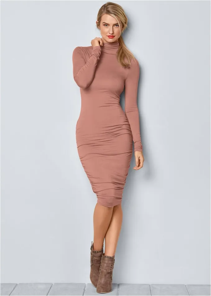 LONG SLEEVE RUCHED DRESS Blush Women VENUS Casual Dresses