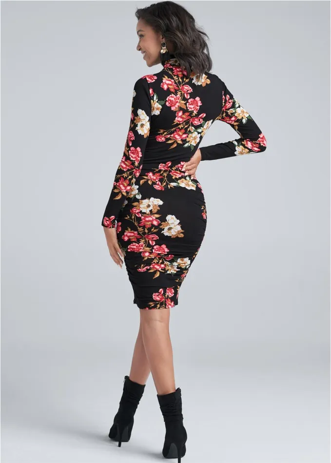 LONG SLEEVE RUCHED DRESS Red Multi Women VENUS Casual Dresses