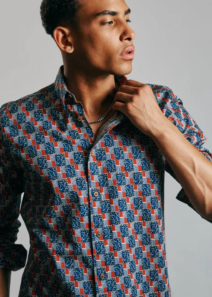 Men Ben Sherman Long Sleeve Shirts 1950s Checkerboard Print Shirt