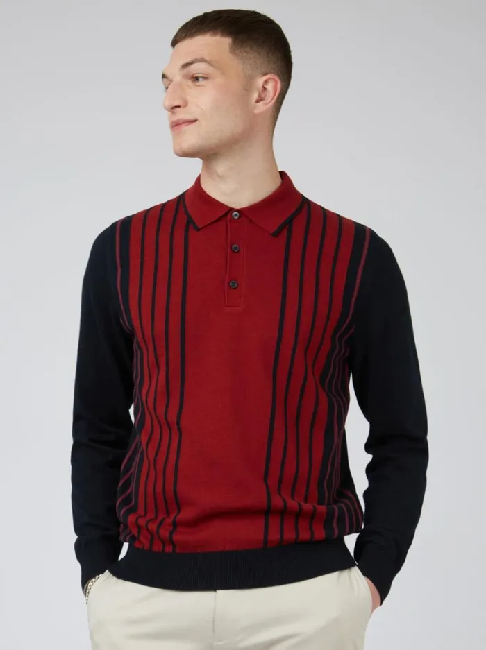 Men Ben Sherman Mod Knit Polos LongSleeve Knit Polo Sweater Polo Red Black Polo Collared Sweater Polo Model