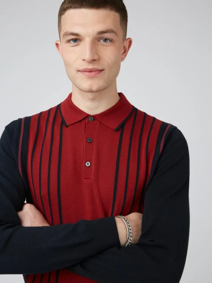 Men Ben Sherman Mod Knit Polos LongSleeve Knit Polo Sweater Polo Red Black Polo Collared Sweater Polo Model