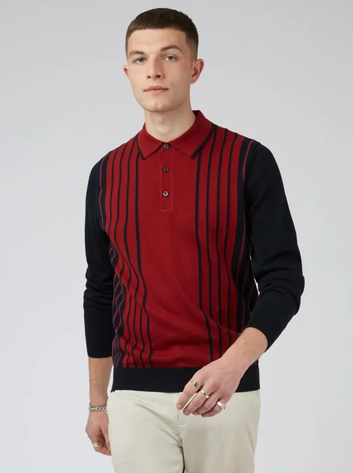 Men Ben Sherman Mod Knit Polos LongSleeve Knit Polo Sweater Polo Red Black Polo Collared Sweater Polo Model