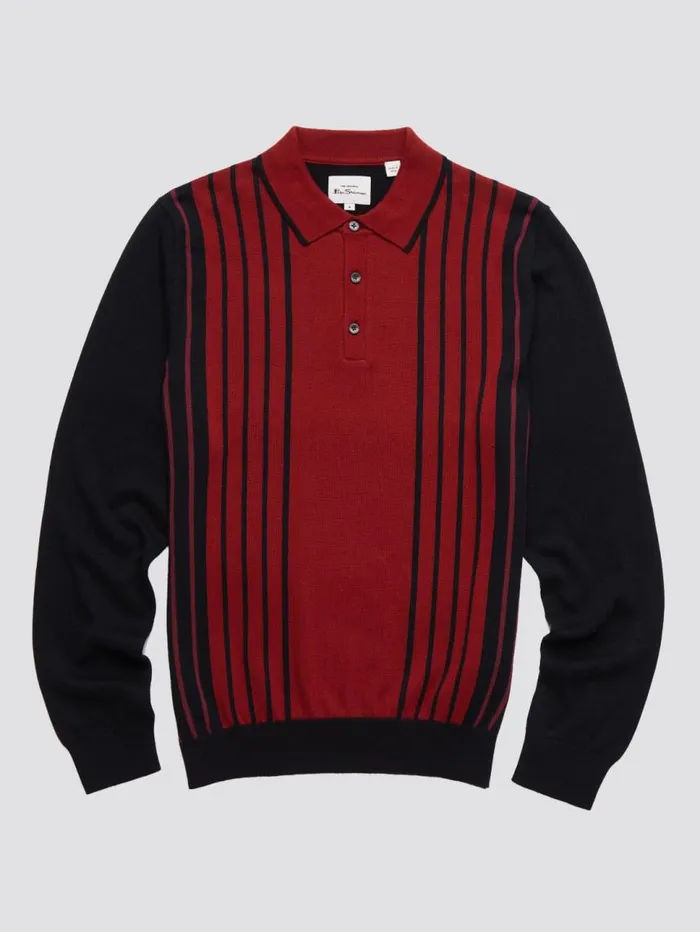Men Ben Sherman Mod Knit Polos LongSleeve Knit Polo Sweater Polo Red Black Polo Collared Sweater Polo Model