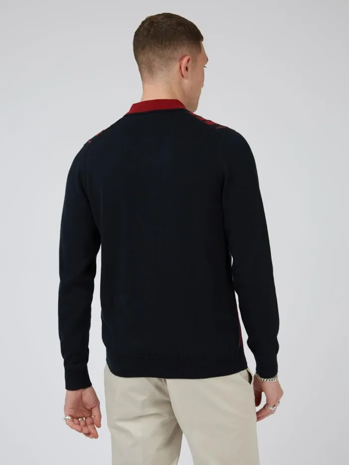 Men Ben Sherman Mod Knit Polos LongSleeve Knit Polo Sweater Polo Red Black Polo Collared Sweater Polo Model