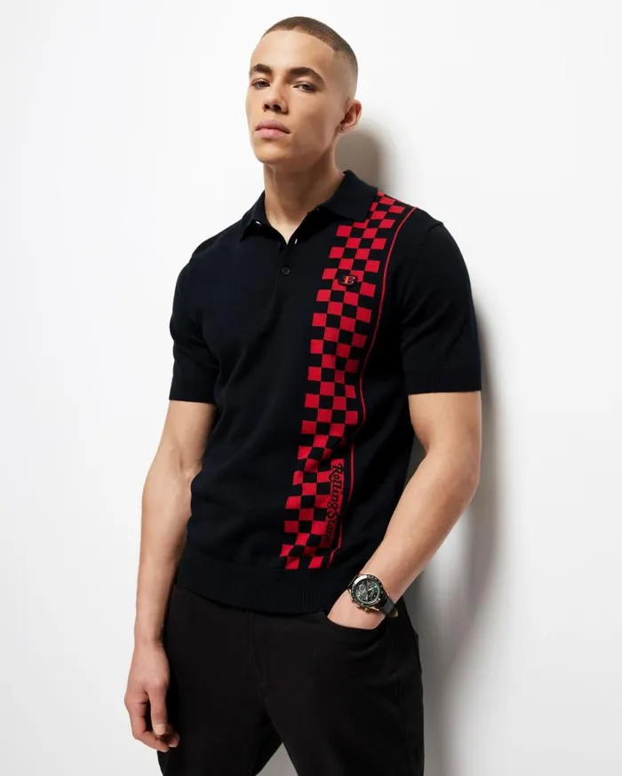Men Ben Sherman Mod Knit Polos Rolling Stone Checker Knit Polo 8211 Black