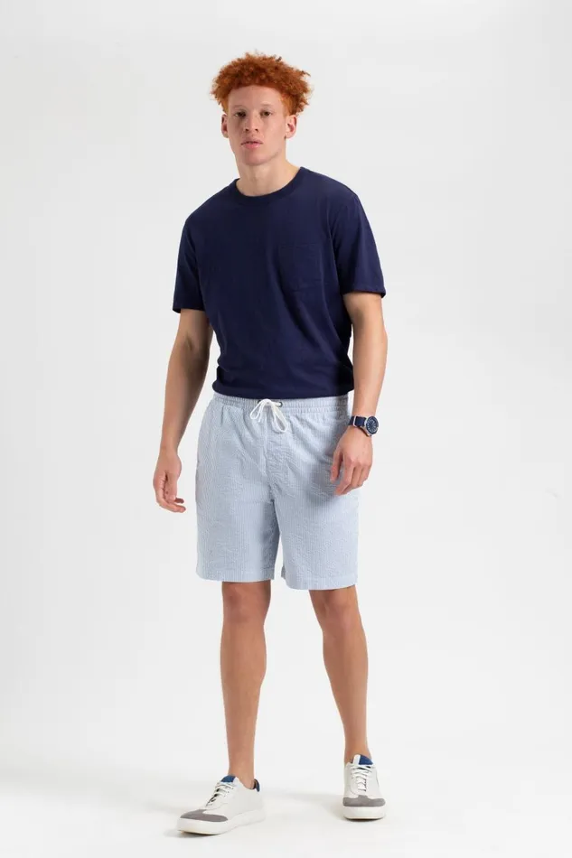 Men Ben Sherman Shorts Seersucker Slim Fit Bengal Stripe Short 8211 Light BlueEcru