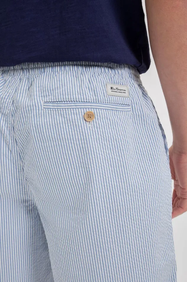 Men Ben Sherman Shorts Seersucker Slim Fit Bengal Stripe Short 8211 Light BlueEcru