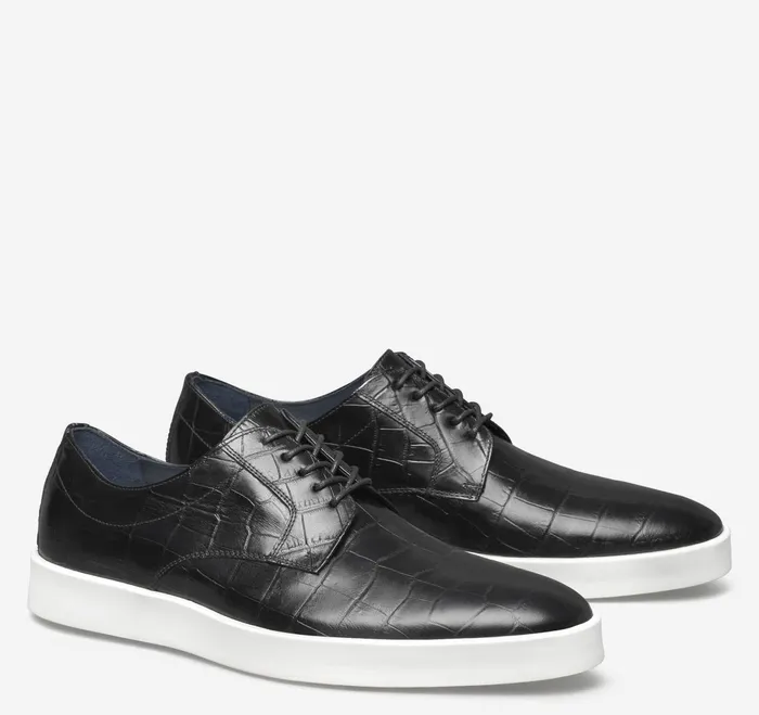 Men Bolivar Plain Toe Black Croc Embossed Calfskin JohnstonandMurphy LaceUps