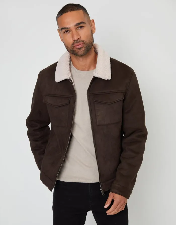 Men Brown Faux Suede Borg Lined Aviator Jacket Threadbare Jackets