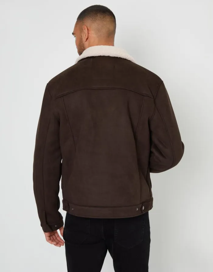 Men Brown Faux Suede Borg Lined Aviator Jacket Threadbare Jackets Men Brown Faux Suede Borg Lined Aviator Jacket Threadbare Jackets