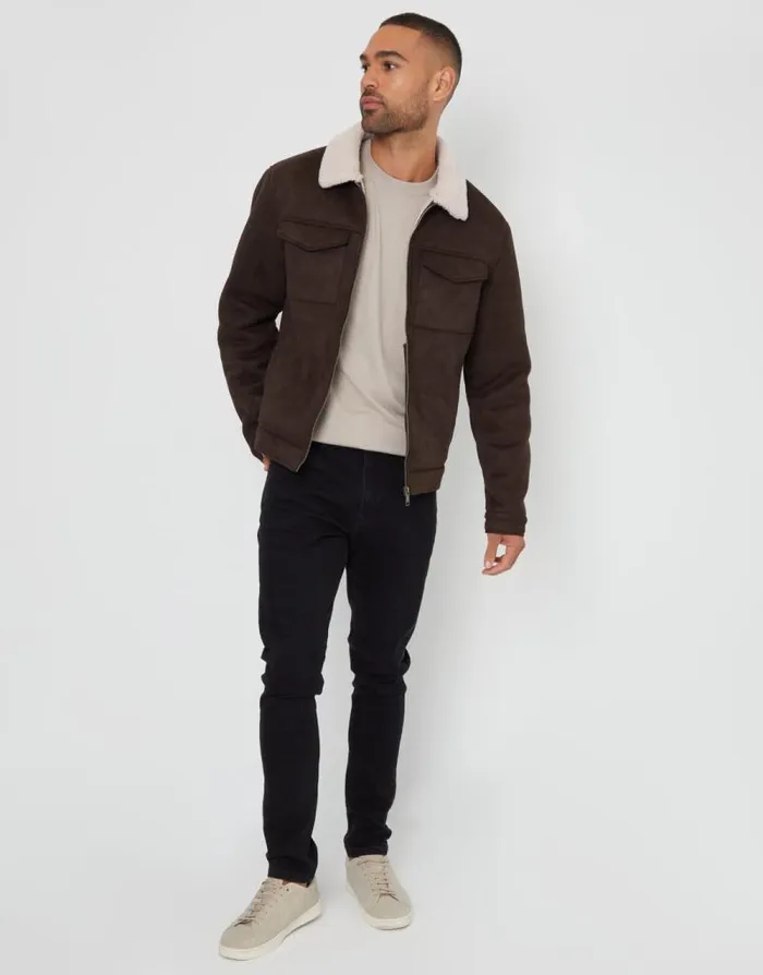 Men Brown Faux Suede Borg Lined Aviator Jacket Threadbare Jackets Men Brown Faux Suede Borg Lined Aviator Jacket Threadbare Jackets