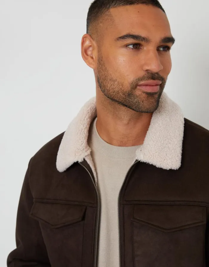 Men Brown Faux Suede Borg Lined Aviator Jacket Threadbare Jackets Men Brown Faux Suede Borg Lined Aviator Jacket Threadbare Jackets