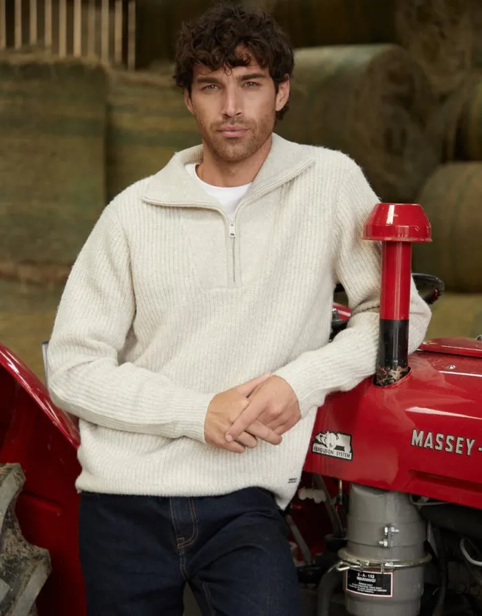 Men Ecru Marl Knitted Quarter Zip Jumper Threadbare Jumpers