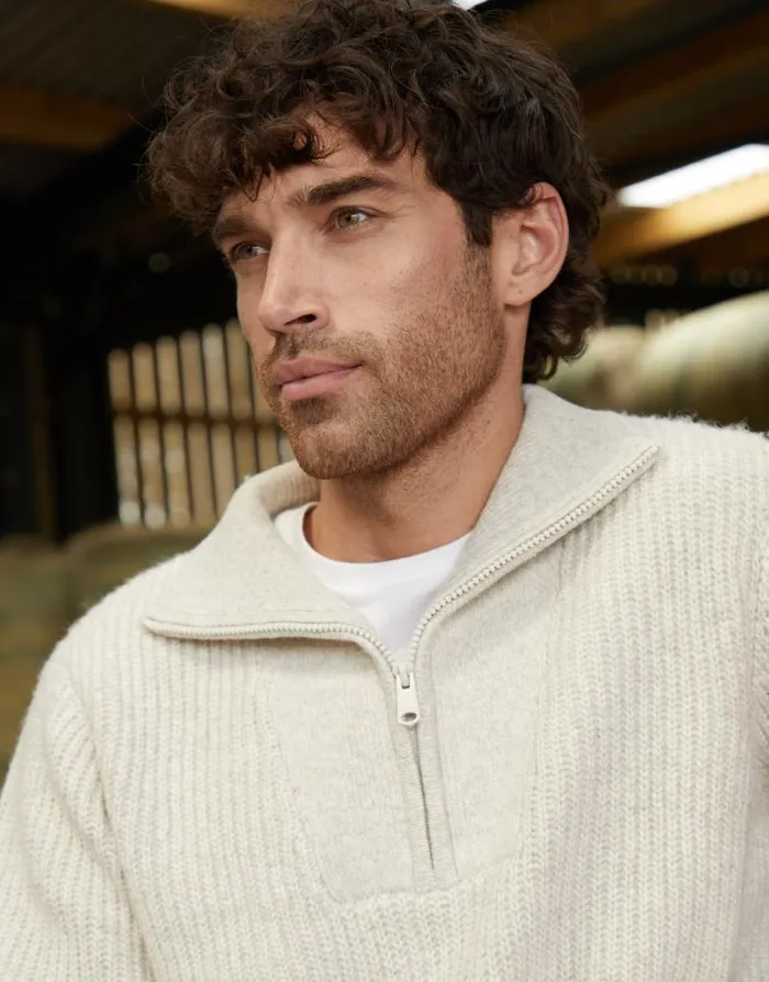 Men Ecru Marl Knitted Quarter Zip Jumper Threadbare Jumpers Men Ecru Marl Knitted Quarter Zip Jumper Threadbare Jumpers