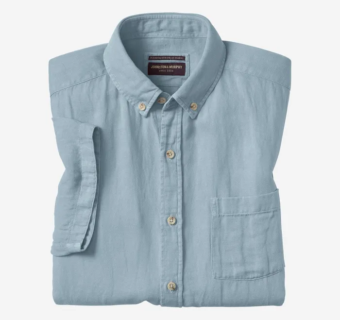 Men Garment Dyed Shirt Blue JohnstonandMurphy ShortSleeve Shirts