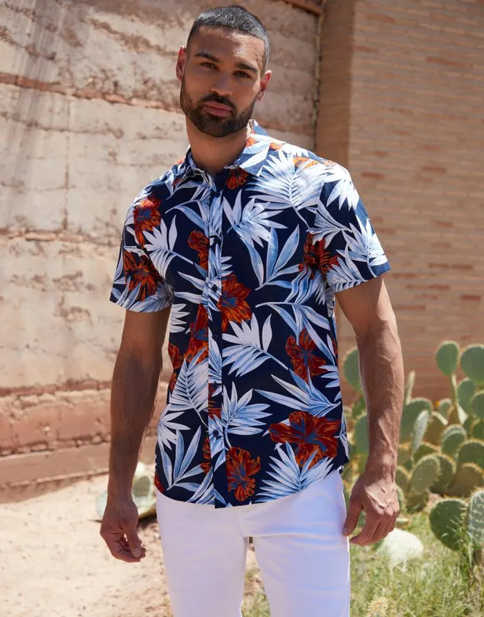 Men Navy Floral Print Short Sleeve Shirt Threadbare Shirts