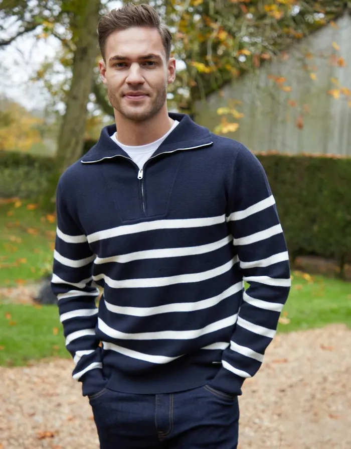 Men Navy Striped Knitted Quarter Zip Jumper Threadbare Jumpers