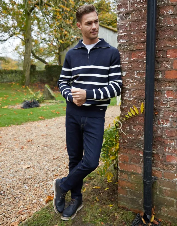 Men Navy Striped Knitted Quarter Zip Jumper Threadbare Jumpers Men Navy Striped Knitted Quarter Zip Jumper Threadbare Jumpers