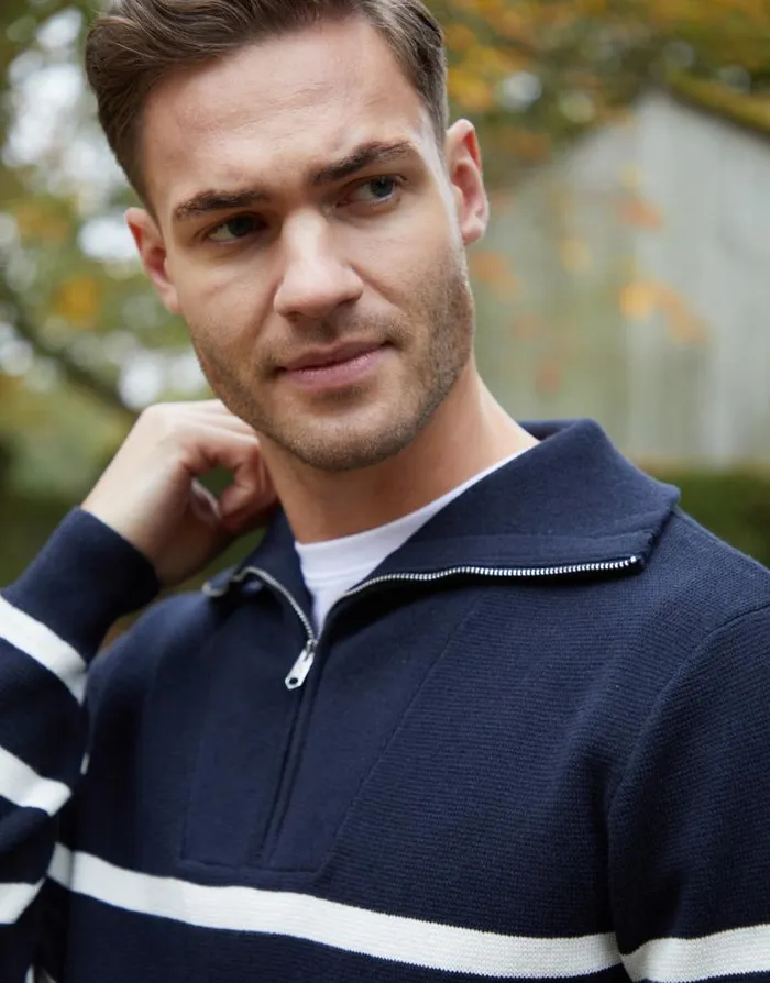 Men Navy Striped Knitted Quarter Zip Jumper Threadbare Jumpers Men Navy Striped Knitted Quarter Zip Jumper Threadbare Jumpers