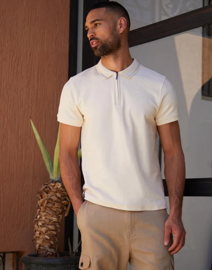 Men Off White Zip Collar Polo Shirt Threadbare Quarter Zips