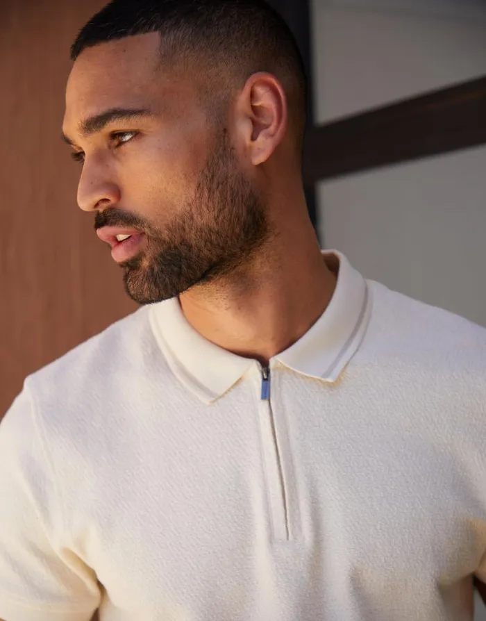 Men Off White Zip Collar Polo Shirt Threadbare Quarter Zips Men Off White Zip Collar Polo Shirt Threadbare Quarter Zips