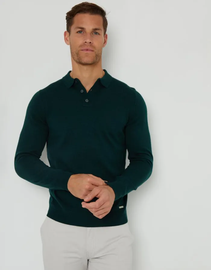 Men Pine Green Long Sleeve Knitted Polo Jumper Threadbare Jumpers