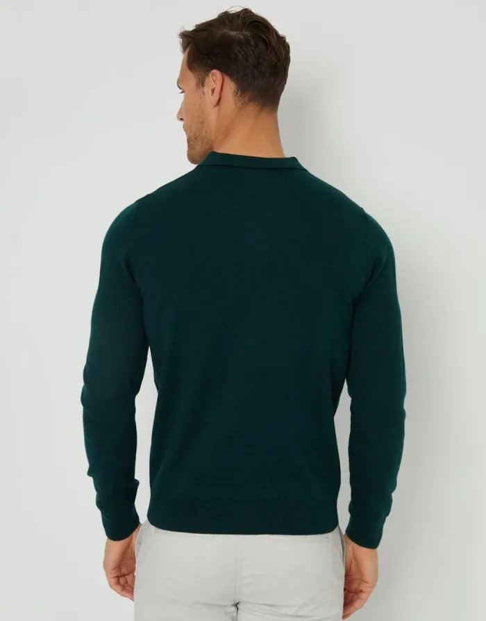 Men Pine Green Long Sleeve Knitted Polo Jumper Threadbare Jumpers Men Pine Green Long Sleeve Knitted Polo Jumper Threadbare Jumpers