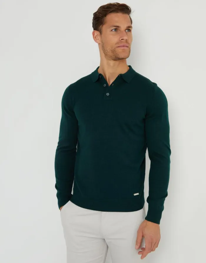 Men Pine Green Long Sleeve Knitted Polo Jumper Threadbare Jumpers Men Pine Green Long Sleeve Knitted Polo Jumper Threadbare Jumpers