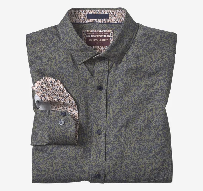 Men Printed Cotton Shirt Olive Foliage JohnstonandMurphy Shirts
