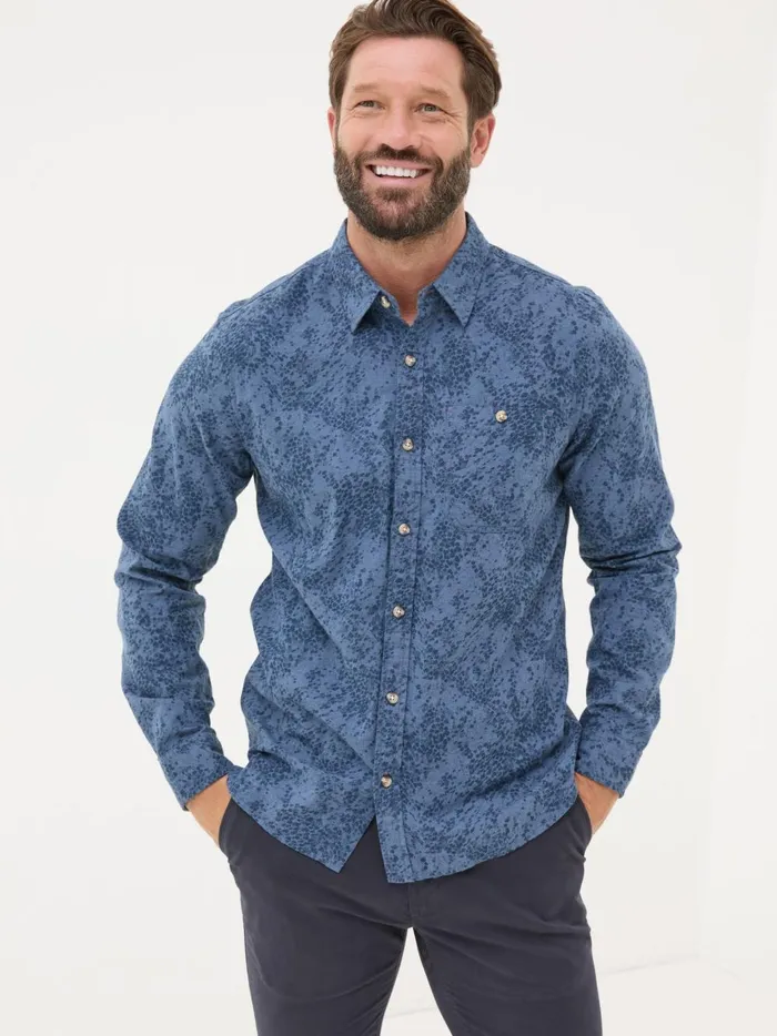 Men Shirts Fat Face Blue Long Sleeve Leaf Print 100 Cotton Shirt