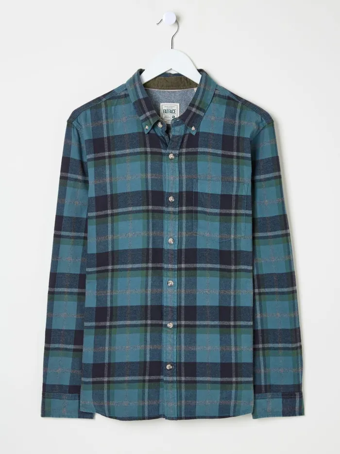 Men Shirts Fat Face Teal Blue Long Sleeve Selby Check 100 Cotton Shirt