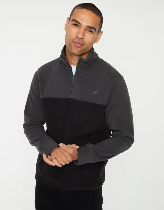 Men Slate Colourblock Quarter Zip Fleece Threadbare Sweatshirts