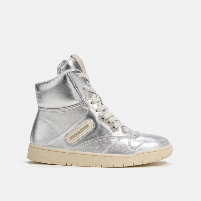 Men Sneakers Coach C202 High Top Sneaker Metallic Silver