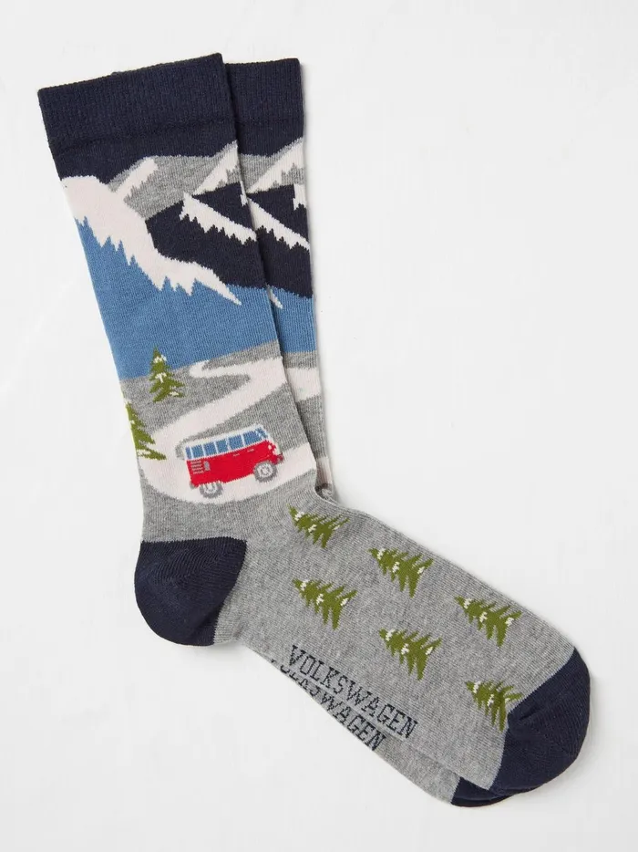 Men Socks Fat Face Grey Vw Campervan Scene Socks 1 Pack