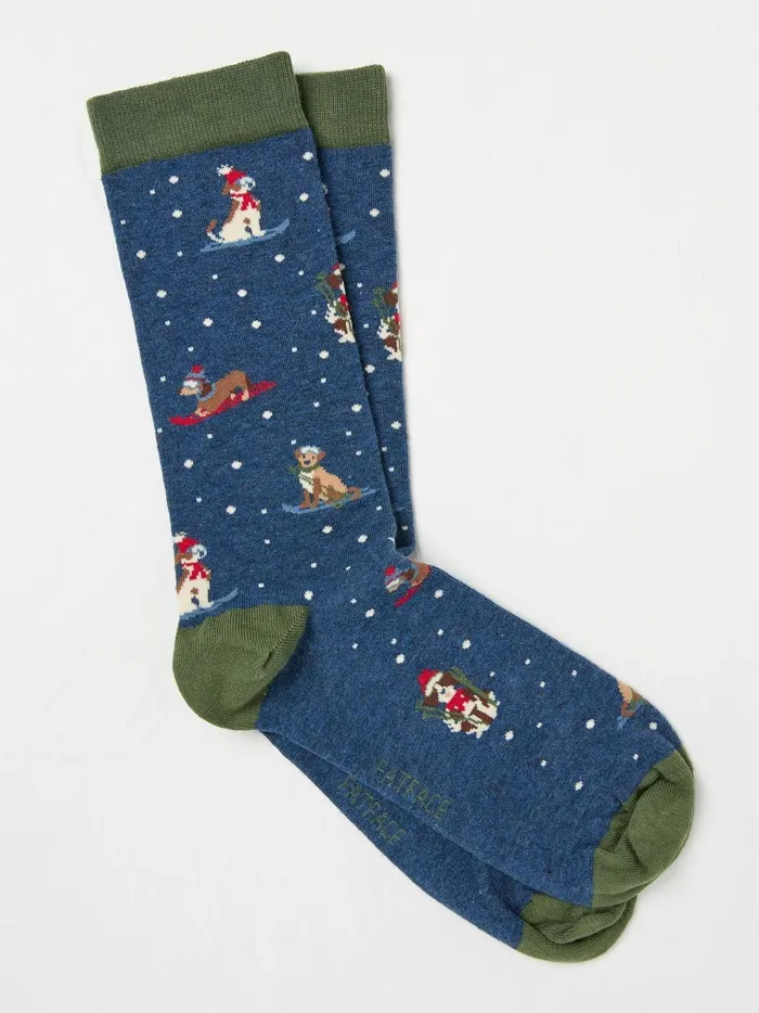 Men Socks Fat Face Navy Skiing Dogs Socks 1 Pack