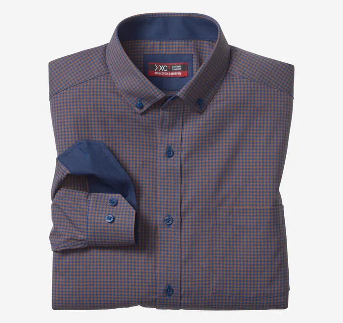Men Xc4 LongSleeve StretchWoven Shirt Brownnavy Gingham JohnstonandMurphy Shirts