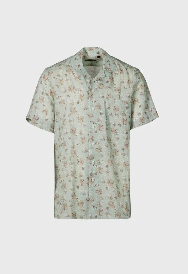 Mens Sport Shirts Paulstuart Linen Leaf Print Camp Shirt Denim
