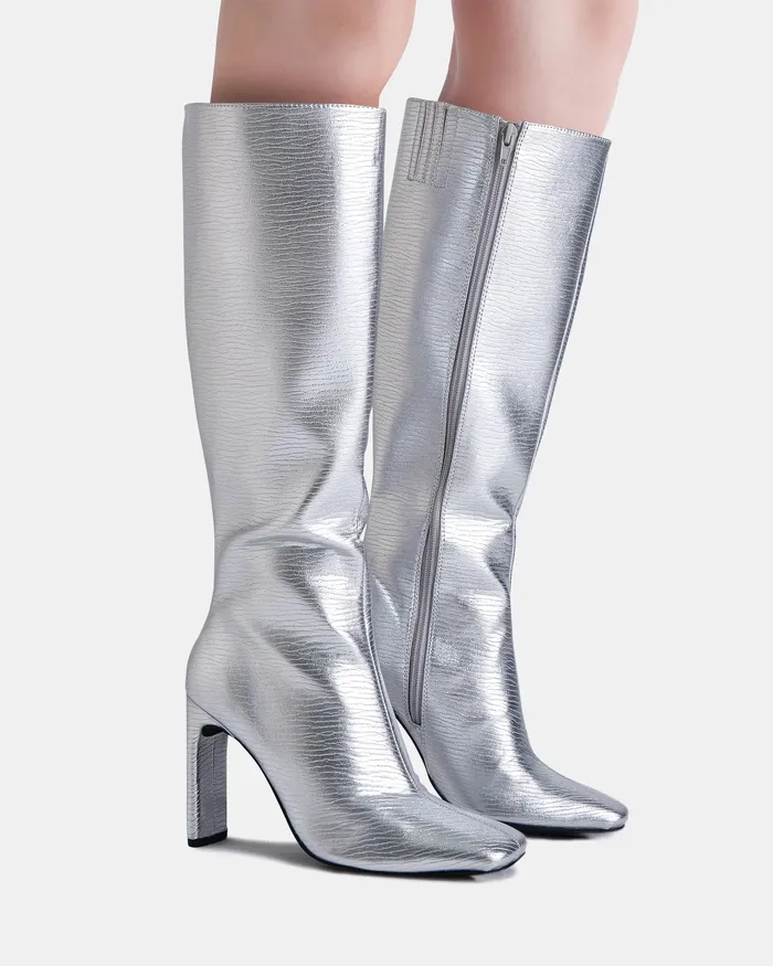 NOVO Shoes Knee High Boots Women ZODIAK SILVER CROC