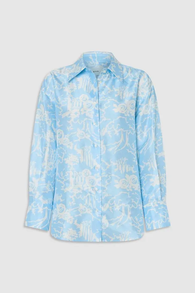 Oroton Garden Toile Long Sleeve Shirt Sky Women Tops