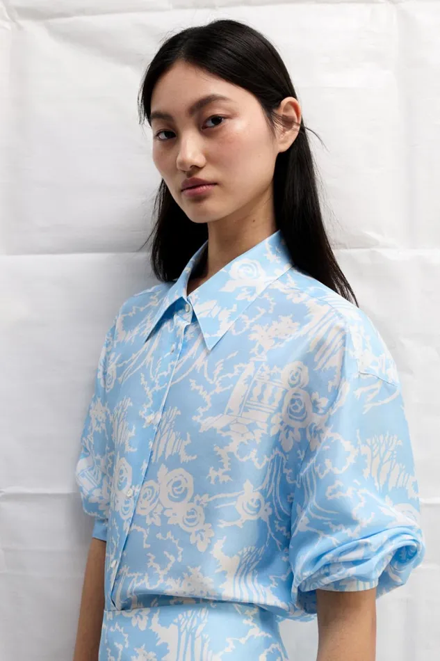 Oroton Garden Toile Long Sleeve Shirt Sky Women Tops Oroton Garden Toile Long Sleeve Shirt Sky Women Tops