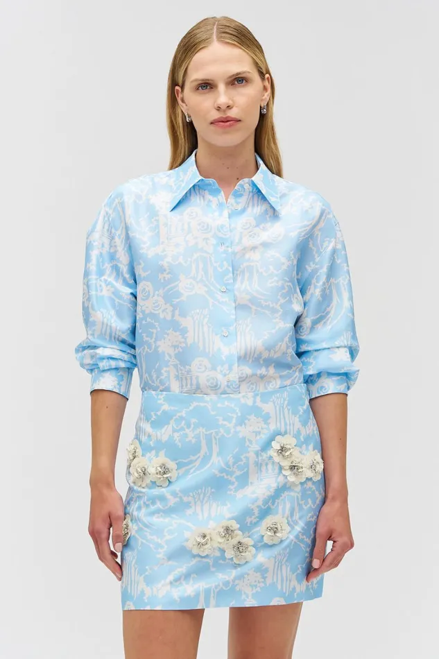 Oroton Garden Toile Long Sleeve Shirt Sky Women Tops Oroton Garden Toile Long Sleeve Shirt Sky Women Tops
