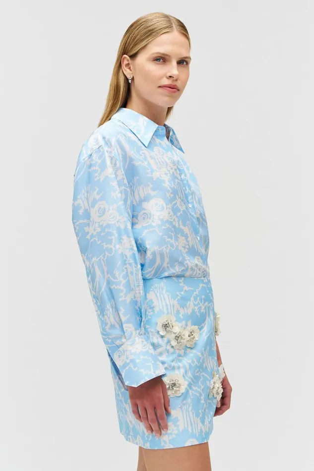Oroton Garden Toile Long Sleeve Shirt Sky Women Tops Oroton Garden Toile Long Sleeve Shirt Sky Women Tops