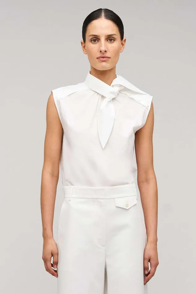 Oroton Sleeveless Tie Neck Shirt White Women Tops Oroton Sleeveless Tie Neck Shirt White Women Tops