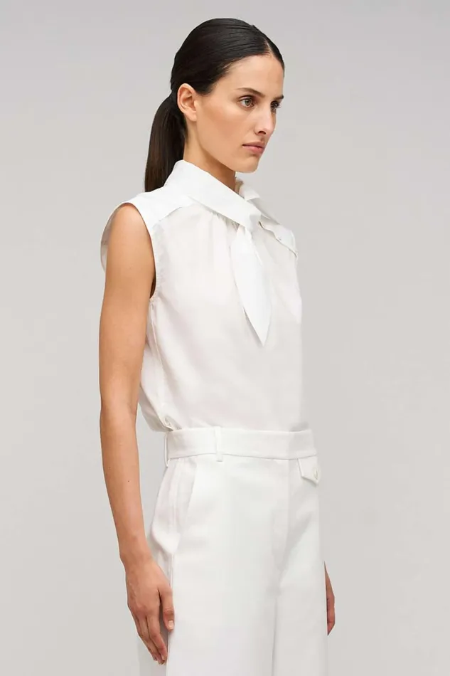 Oroton Sleeveless Tie Neck Shirt White Women Tops Oroton Sleeveless Tie Neck Shirt White Women Tops