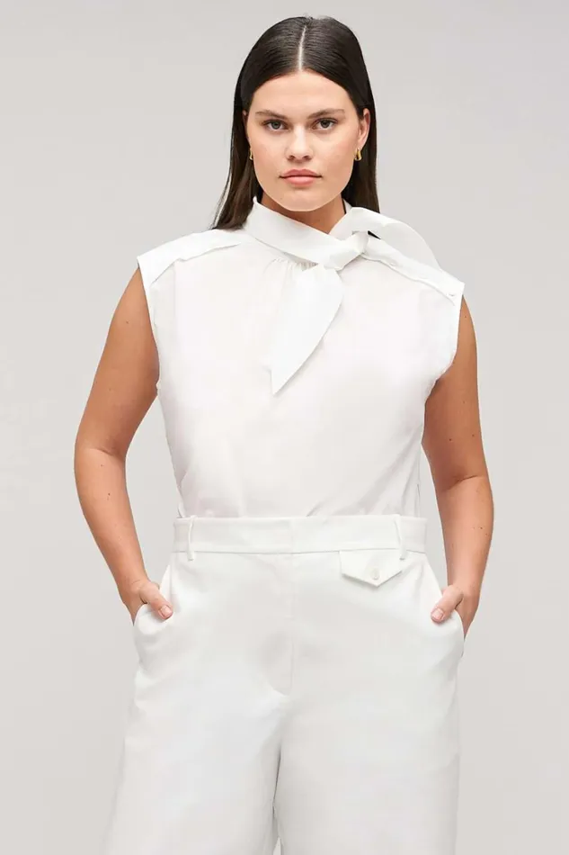 Oroton Sleeveless Tie Neck Shirt White Women Tops Oroton Sleeveless Tie Neck Shirt White Women Tops